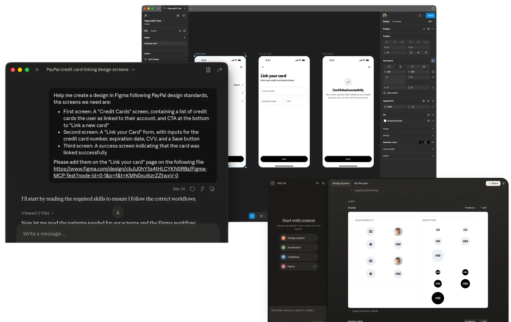 A Claude prompt generating PayPal credit-card linking screens in Figma, and the Design System v6 package running in Claude